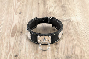 Collar - leather - with O-ring application and stainless steel fittings - hand-sewn