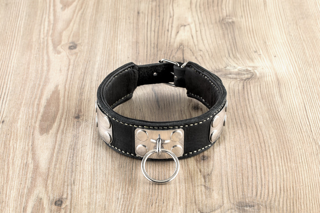 Collar - leather - with O-ring application and stainless steel fittings - hand-sewn
